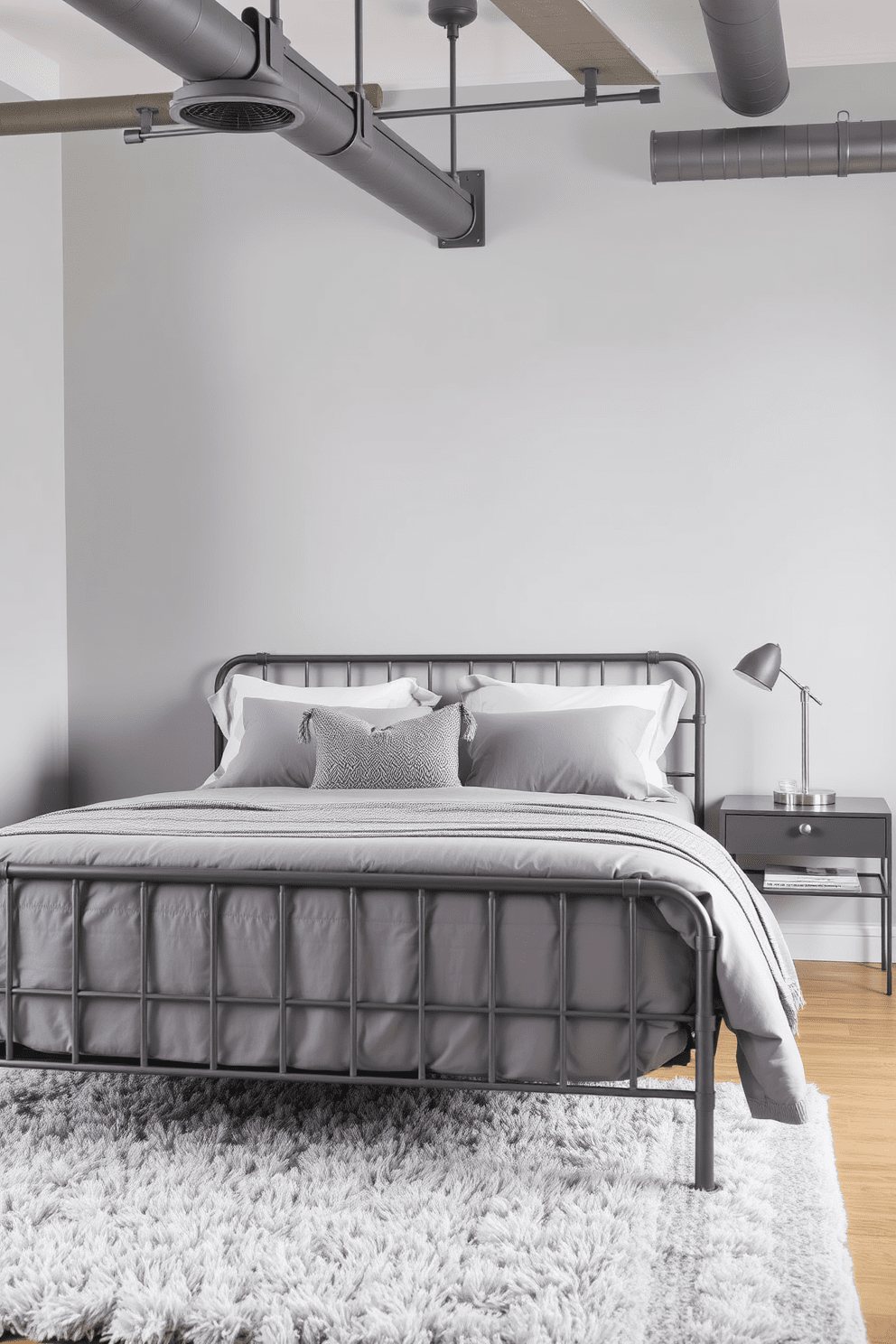 A stylish gray bedroom featuring an industrial gray metal bed frame with minimalist design. The room includes matching gray metal fixtures, complemented by soft gray bedding and textured throw pillows. The walls are painted in a light gray hue, creating a calm and cohesive atmosphere. A sleek nightstand with a metal lamp sits beside the bed, and a plush area rug adds warmth to the space.