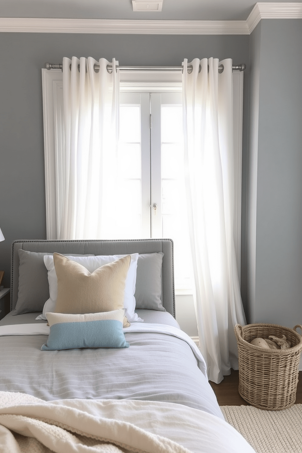 A serene gray bedroom setting with coastal influences. The walls are painted in a soft gray, complemented by white trim and beachy decor accents. A plush gray bed is adorned with light blue and sandy beige throw pillows. Natural light floods the room through sheer white curtains, illuminating a driftwood nightstand and a woven basket for storage.