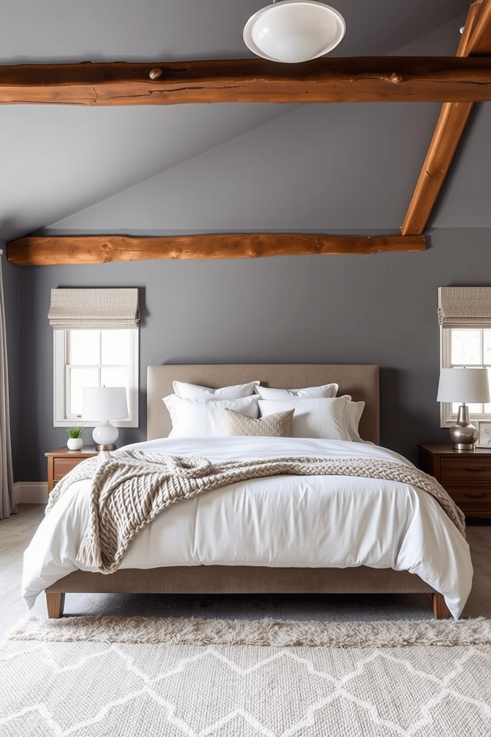 A cozy gray bedroom featuring warm gray walls complemented by exposed wooden beams. The room includes a plush king-sized bed dressed in soft white linens and a chunky knit throw, creating an inviting atmosphere.