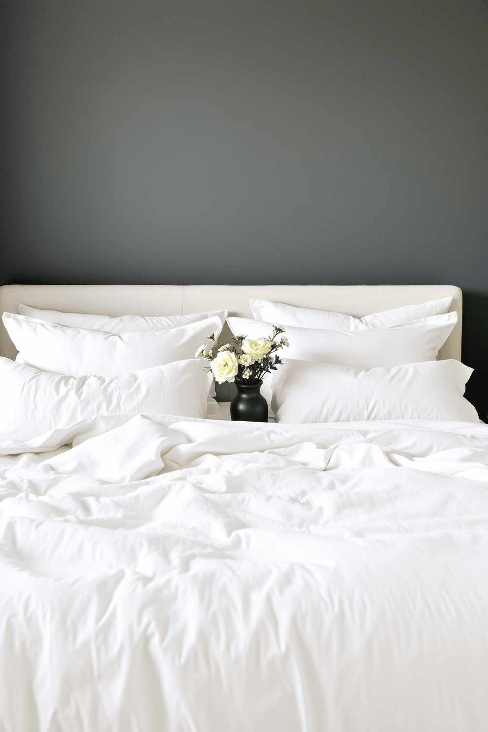 A serene gray bedroom setting. The walls are painted in a deep dark gray while the bedding features soft light linens that create a beautiful contrast.