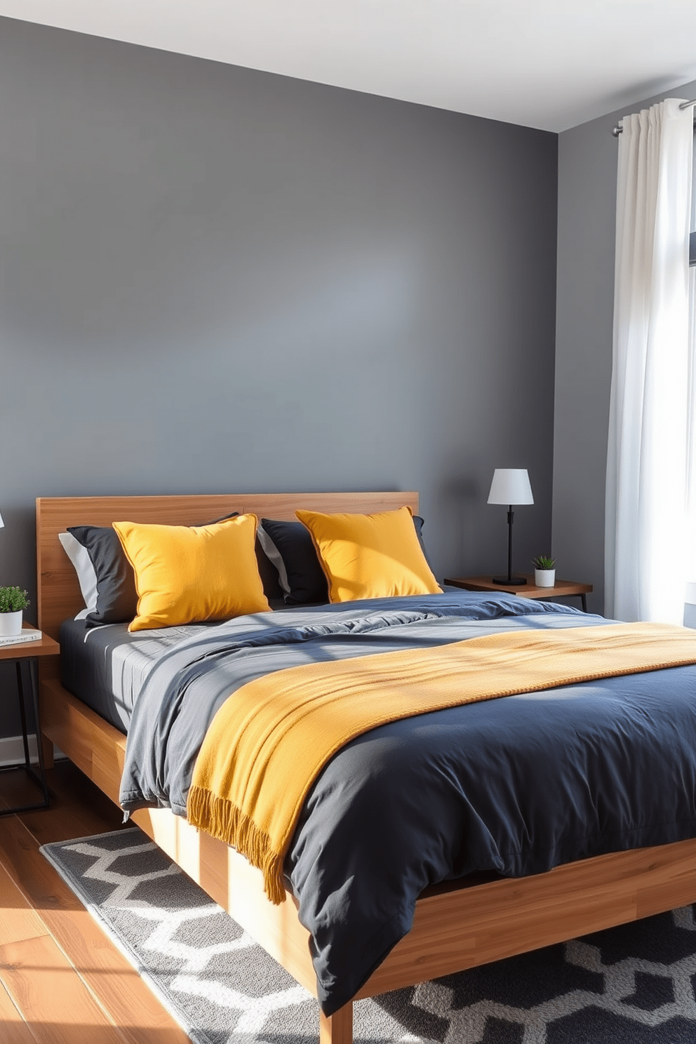 A modern gray bedroom featuring charcoal gray bedding complemented by mustard yellow accent pillows. The walls are painted in a soft gray, and a sleek wooden bed frame enhances the contemporary feel of the space. A stylish area rug with geometric patterns lies beneath the bed, adding texture and warmth. Natural light floods the room through large windows dressed with sheer white curtains, creating an inviting atmosphere.