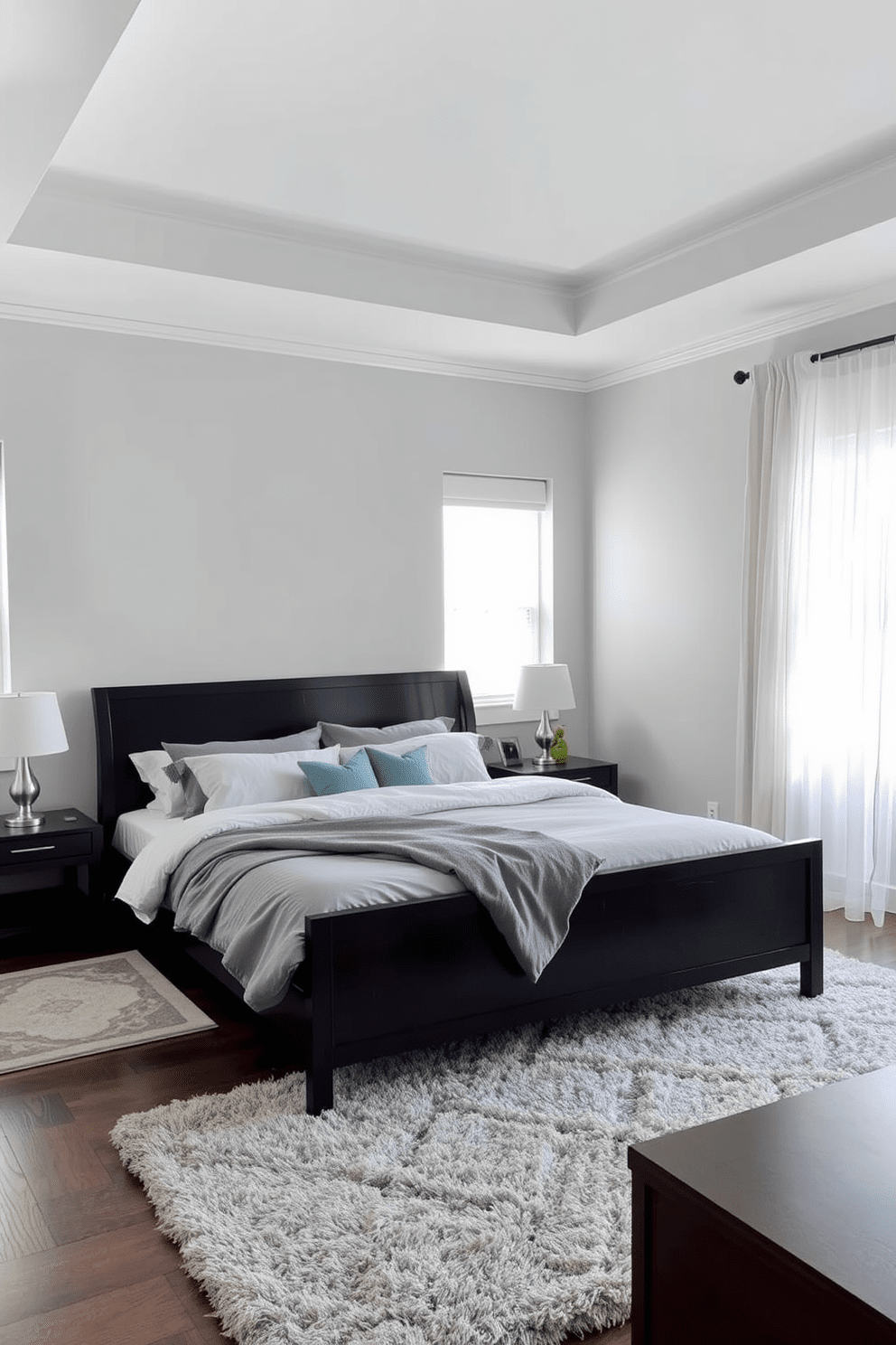 A serene gray bedroom featuring light gray walls that create a calming atmosphere. The room is furnished with dark wood furniture, including a sleek bed frame and matching nightstands, providing a striking contrast. Soft bedding in various shades of gray adorns the bed, while a plush area rug adds warmth to the space. Natural light filters in through sheer curtains, enhancing the tranquil ambiance of the room.