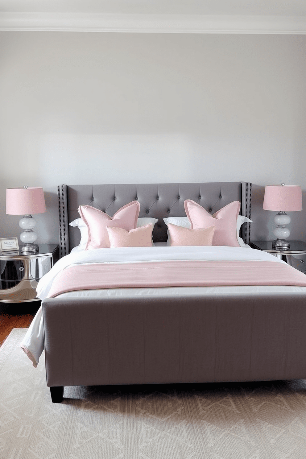 A serene bedroom setting featuring a soft gray and blush color scheme. The walls are painted in a light gray, complemented by blush accents in the bedding and decorative pillows. A plush gray upholstered bed is the focal point, flanked by elegant nightstands with blush lamps. A cozy area rug in a subtle geometric pattern lies beneath the bed, adding warmth to the space.