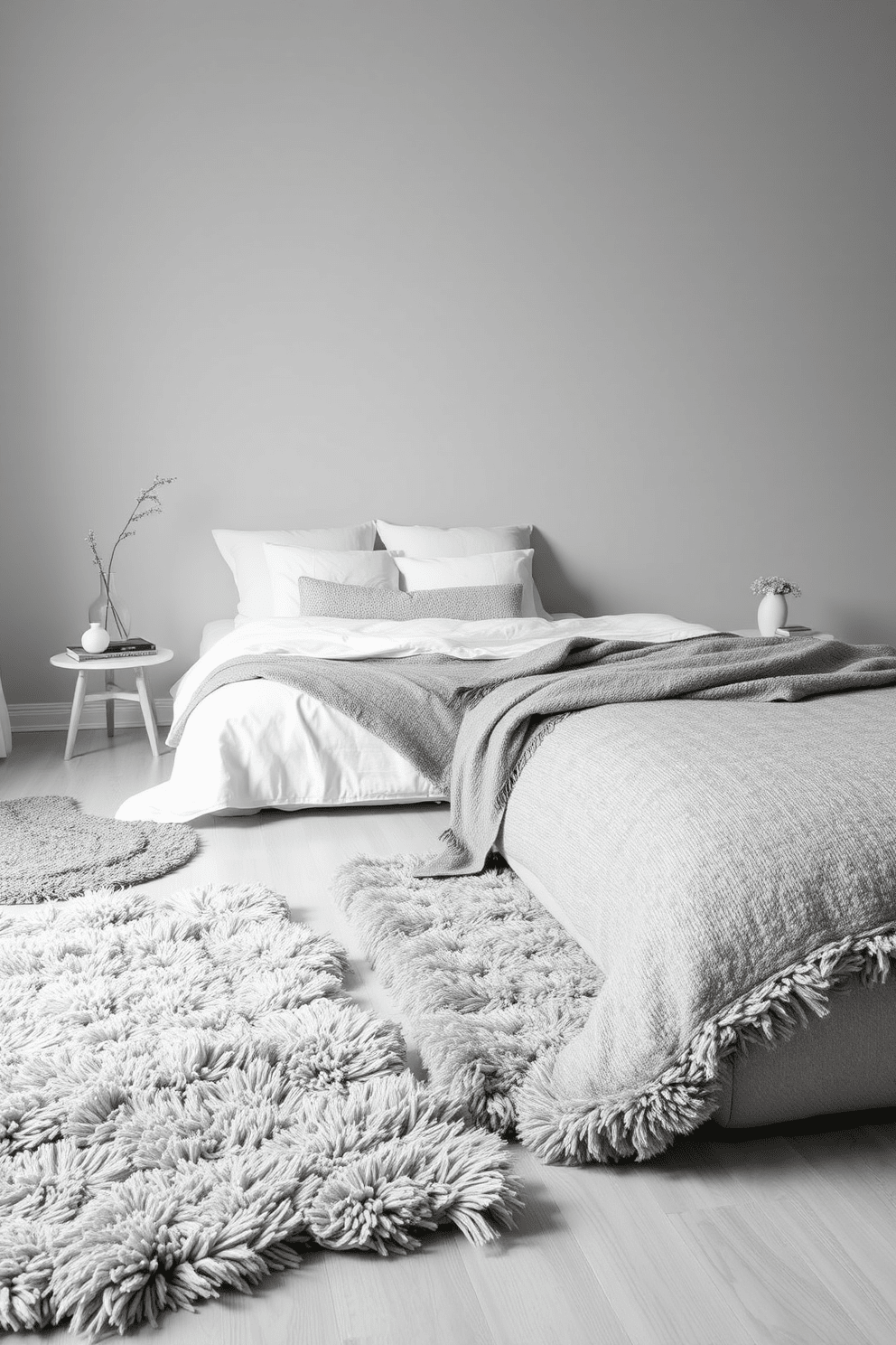 A serene gray bedroom featuring light gray flooring that creates a calming atmosphere. Plush area rugs in varying shades of gray add texture and warmth to the space.