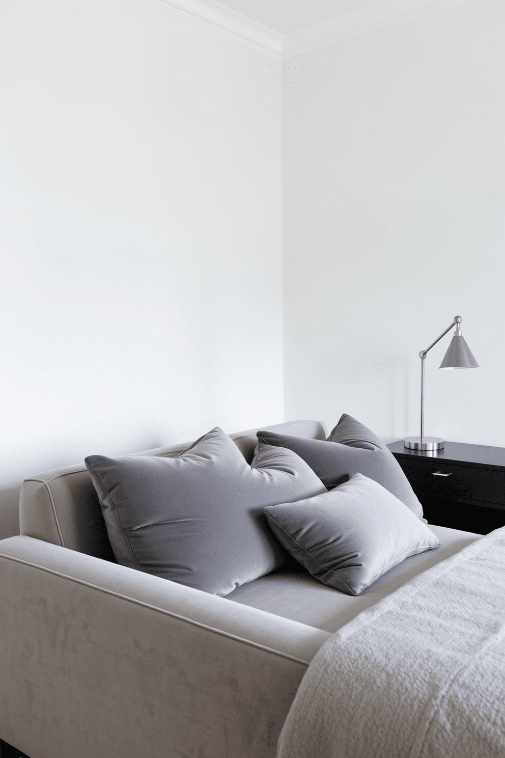 A modern gray bedroom featuring a neutral sofa adorned with plush gray velvet cushions. The walls are painted in soft white, creating a serene atmosphere, while a sleek nightstand holds a stylish lamp beside the bed.