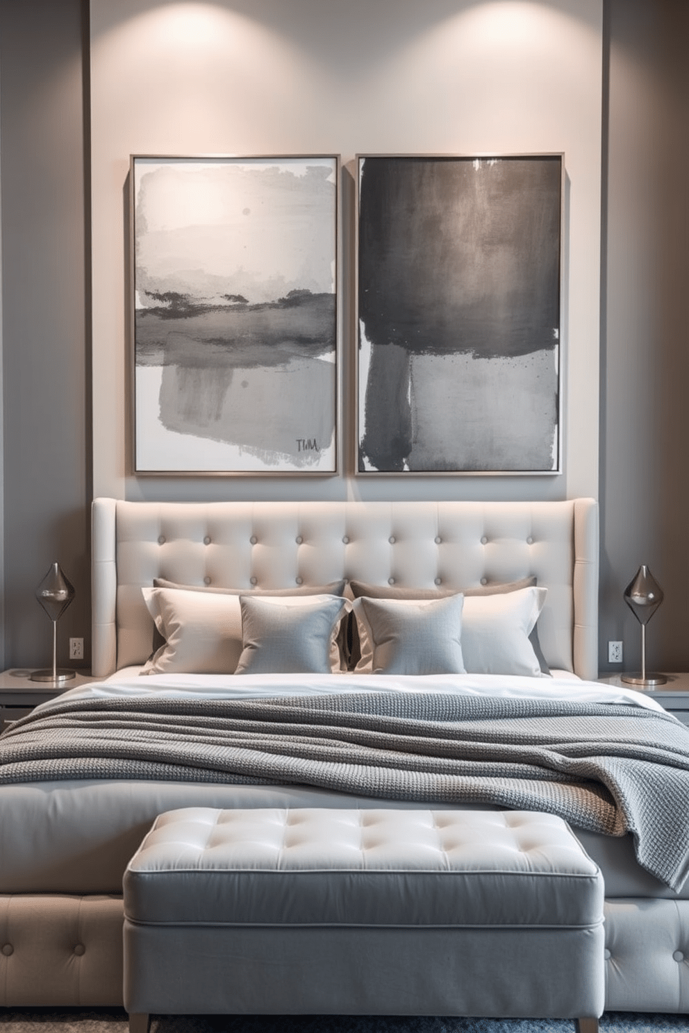 A contemporary gray bedroom features a plush king-sized bed with a soft gray upholstered headboard. Above the bed, two large abstract art pieces in varying shades of gray create a striking focal point on the wall. The bedding is layered with textured gray throws and decorative pillows, adding depth to the design. A sleek nightstand on either side of the bed holds minimalist lamps, enhancing the modern aesthetic of the space.