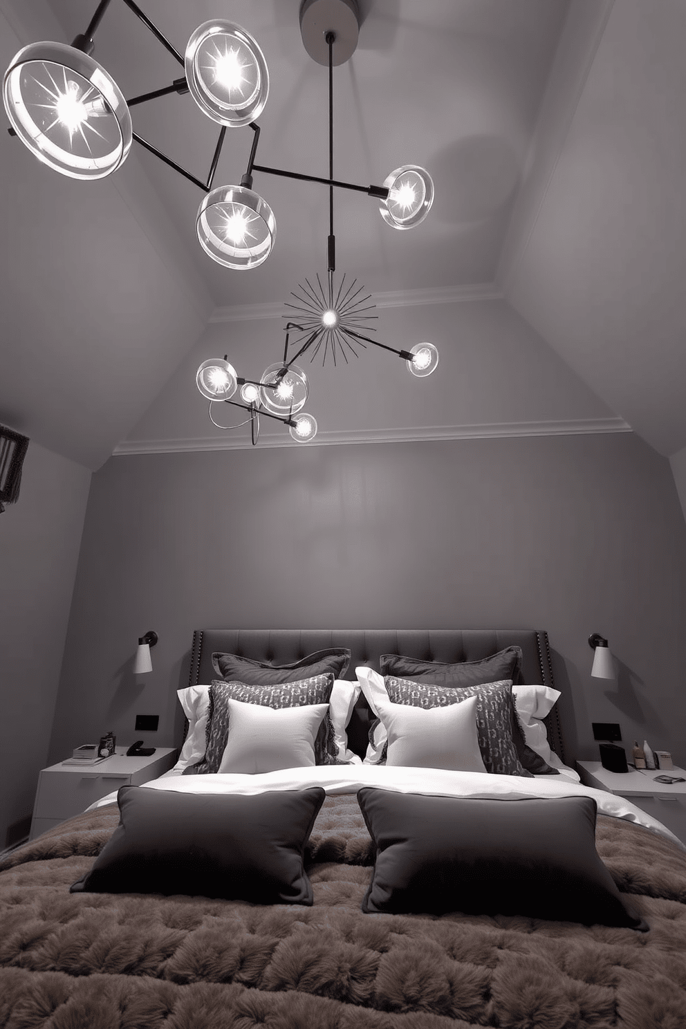 A contemporary gray bedroom featuring a gray ceiling adorned with unique light fixtures that create an inviting ambiance. The walls are painted in a soft gray tone, complemented by plush bedding and decorative pillows in varying shades of gray.