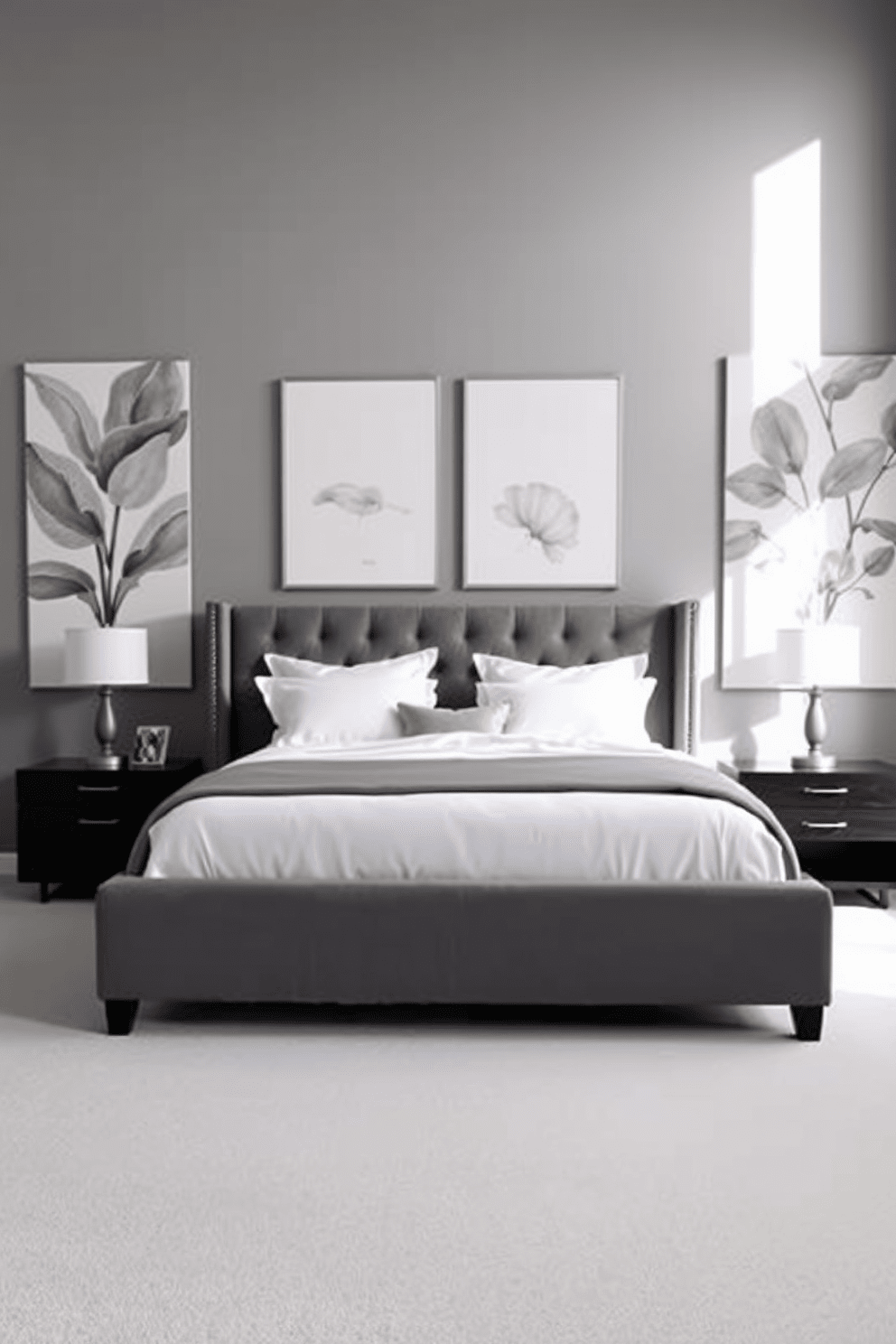 A serene gray bedroom featuring botanical prints that evoke freshness. The walls are adorned with large gray and green botanical artwork, creating a calming atmosphere. A plush gray upholstered bed with crisp white linens sits at the center of the room. Flanking the bed are modern nightstands with stylish lamps that add a touch of elegance.