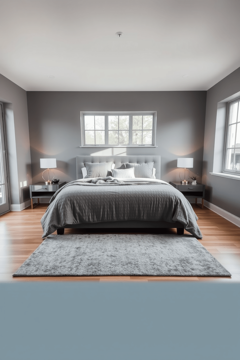 A cozy gray bedroom featuring layered gray blankets on a plush king-sized bed. The walls are painted a soft gray, and large windows allow natural light to fill the room, enhancing the serene atmosphere. A stylish nightstand on each side of the bed holds modern lamps with warm light. A textured area rug in a lighter gray tone adds warmth to the hardwood floor, creating a welcoming space.