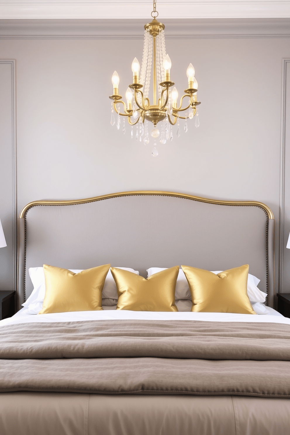 A serene gray bedroom features a plush upholstered bed with gold accent pillows and a stylish gold-framed headboard. Soft gray walls create a calming atmosphere, while a chic gold chandelier hangs above, illuminating the space beautifully.