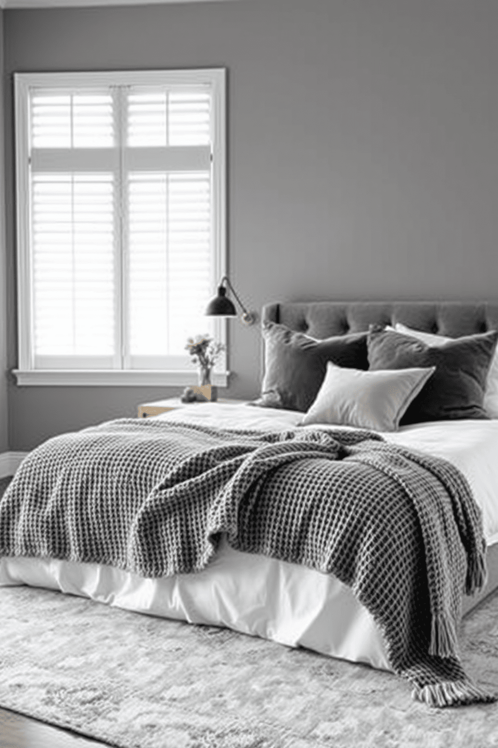 A serene gray bedroom featuring layered textures with plush gray throw pillows scattered across a king-sized bed. The walls are painted in a soft gray hue, complemented by a cozy knit blanket draped over the foot of the bed and a stylish area rug beneath.