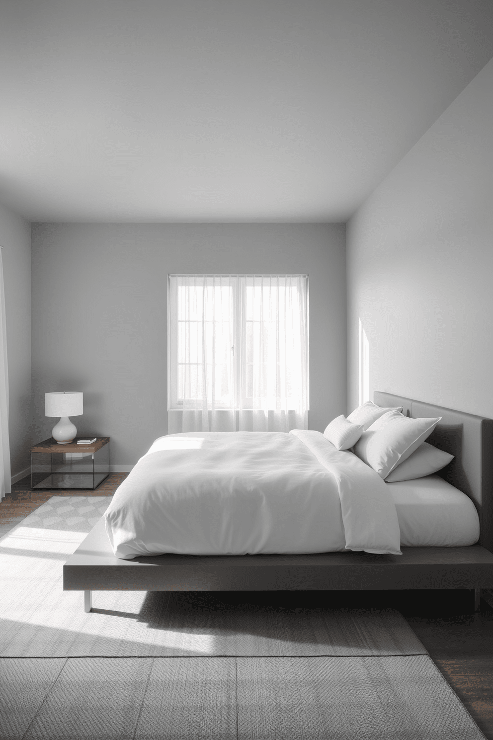 A minimalist gray bedroom featuring clean lines and a serene atmosphere. The walls are painted in a soft gray hue, complemented by a sleek platform bed with crisp white bedding. A large window allows natural light to flood the space, adorned with simple sheer curtains. A low-profile nightstand holds a modern lamp, while a geometric area rug anchors the room's design.