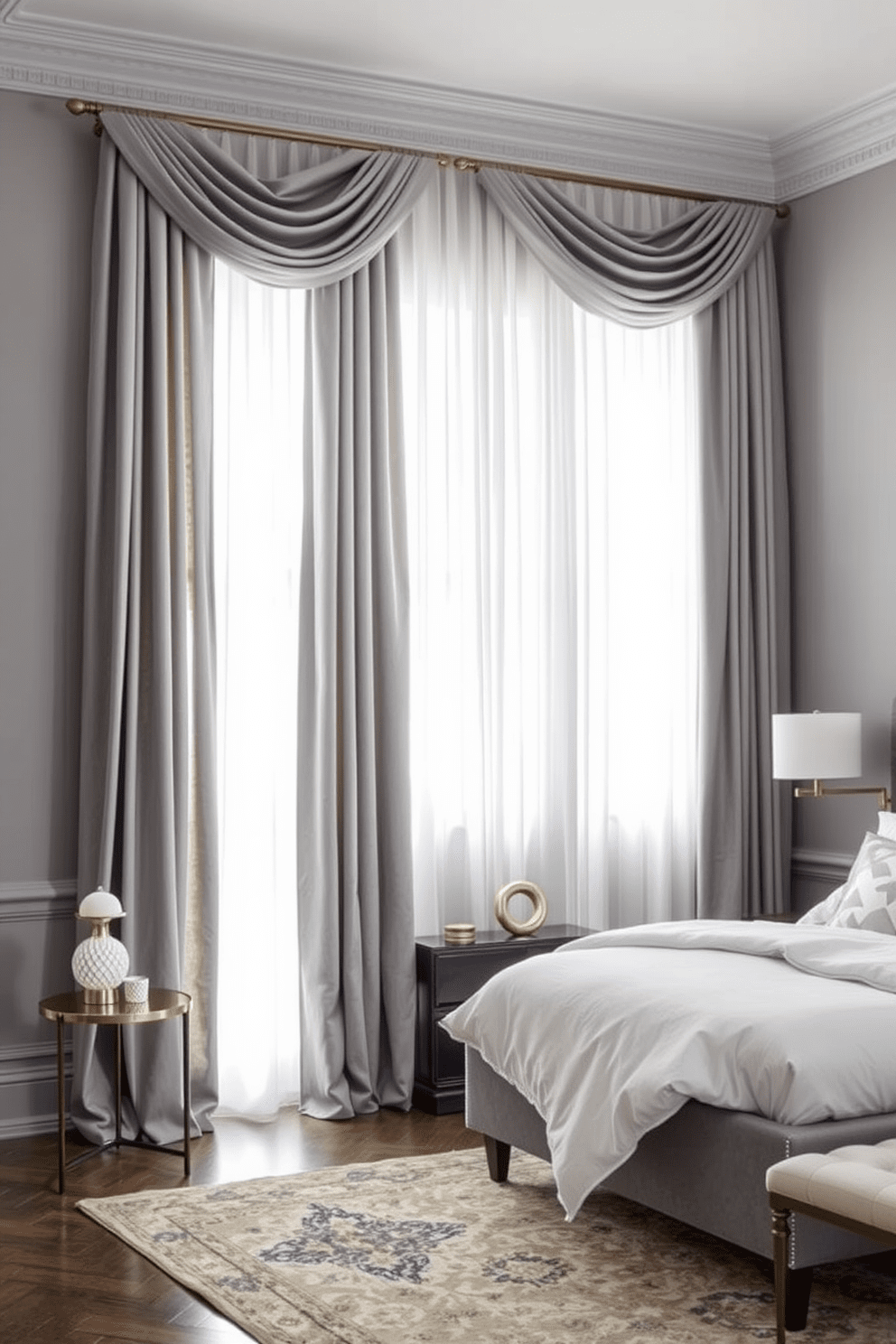 A serene gray bedroom setting featuring elegant gray curtains that gracefully drape from the ceiling to the floor. The sheer white panels softly filter natural light, creating a tranquil ambiance throughout the room. The walls are painted in a soft gray hue, complemented by a plush gray upholstered bed adorned with white and silver bedding. A modern bedside table holds a stylish lamp, while a cozy area rug adds warmth underfoot.