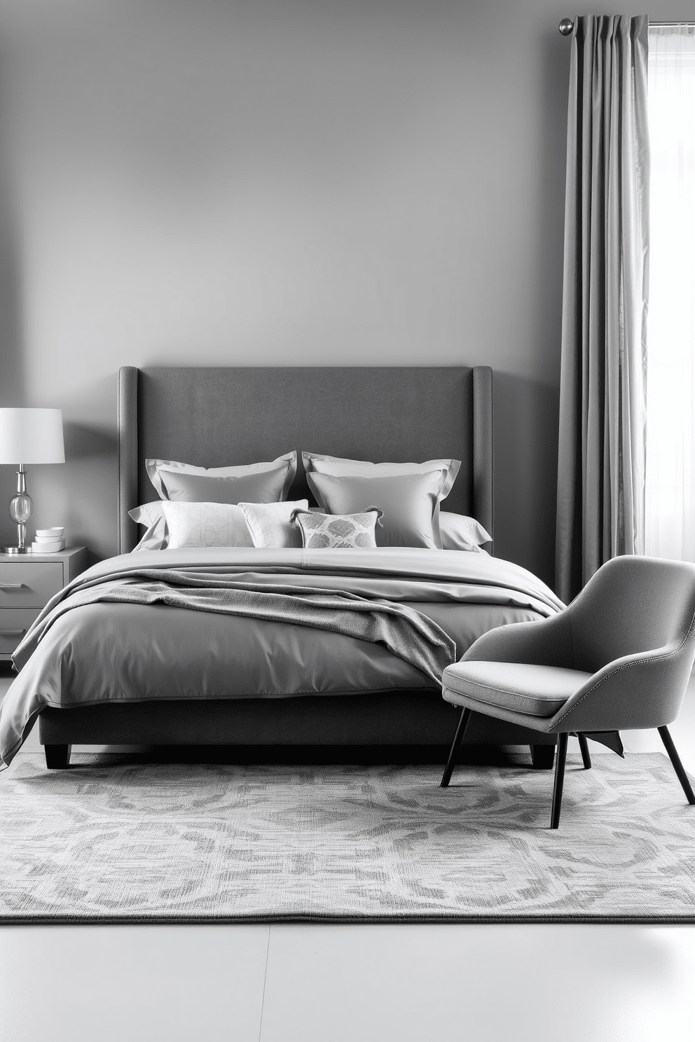 A serene gray bedroom setting featuring a plush king-sized bed dressed in varying shades of gray linens and decorative pillows. The walls are painted in a soft gray hue, complemented by a sleek gray upholstered headboard and matching nightstands on either side. Natural light filters through sheer gray curtains, casting a gentle glow across the room. A minimalist gray area rug anchors the space, while a stylish gray accent chair adds a touch of sophistication in the corner.