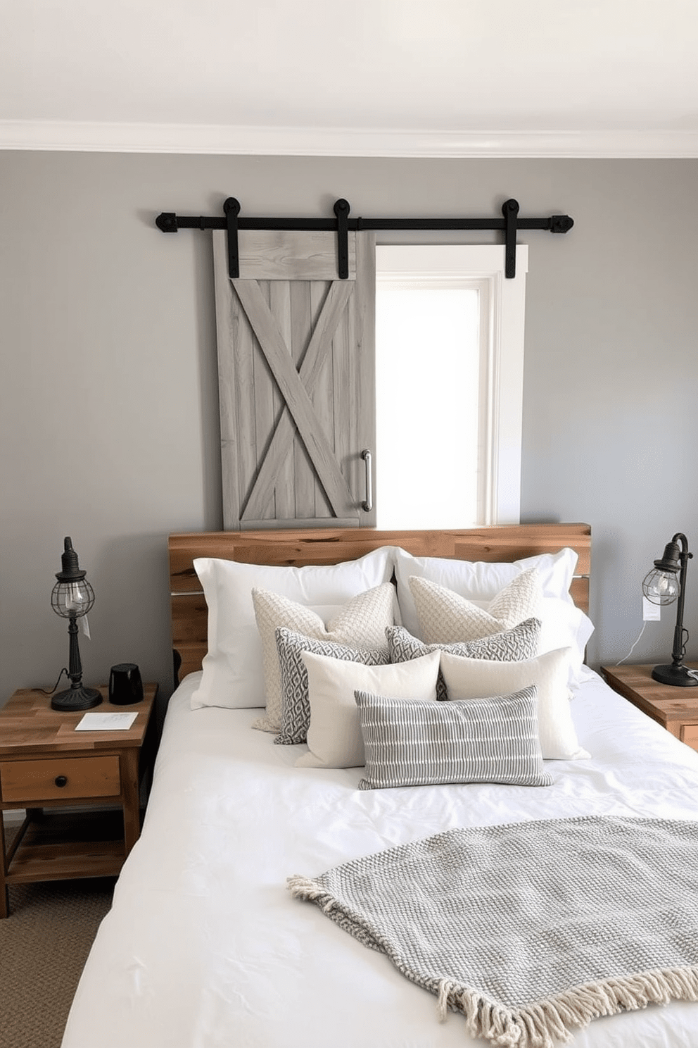 A rustic gray barn door serves as the focal point of the bedroom, adding a touch of farmhouse charm. The walls are painted in a soft gray hue, complemented by cozy white bedding and textured throw pillows. Natural wood accents are incorporated through a reclaimed wood bed frame and nightstands, enhancing the rustic aesthetic. Soft ambient lighting is provided by vintage-style lamps on each side of the bed, creating a warm and inviting atmosphere.