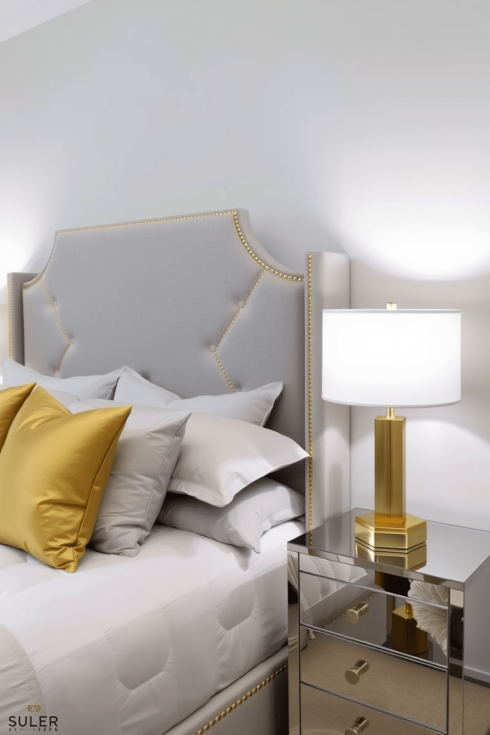 Chic gray upholstered headboard with gold accents. The headboard is complemented by soft gray bedding and elegant gold throw pillows. A stylish nightstand on each side features sleek gold lamps with white shades. The walls are painted a light gray, creating a serene and sophisticated atmosphere.