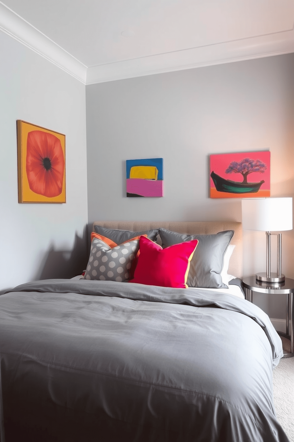 A serene gray bedroom featuring soft gray paint on the walls that creates a calming atmosphere. Bright artwork in vibrant colors adorns the walls, adding a lively contrast to the muted tones of the room. The bedding consists of plush gray linens layered with colorful throw pillows that enhance the overall aesthetic. A stylish bedside table holds a contemporary lamp, providing warm light that complements the inviting space.