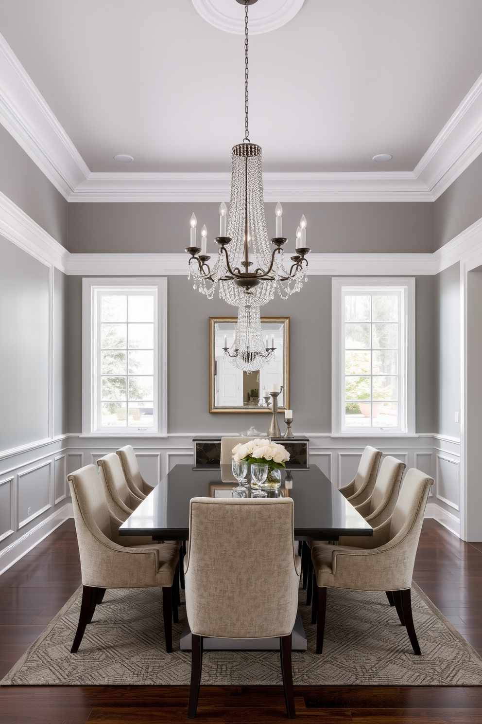 Elegant gray walls with white trim create a serene and sophisticated atmosphere in the dining room. A sleek rectangular table is surrounded by upholstered chairs, complemented by a stunning chandelier that adds a touch of luxury.