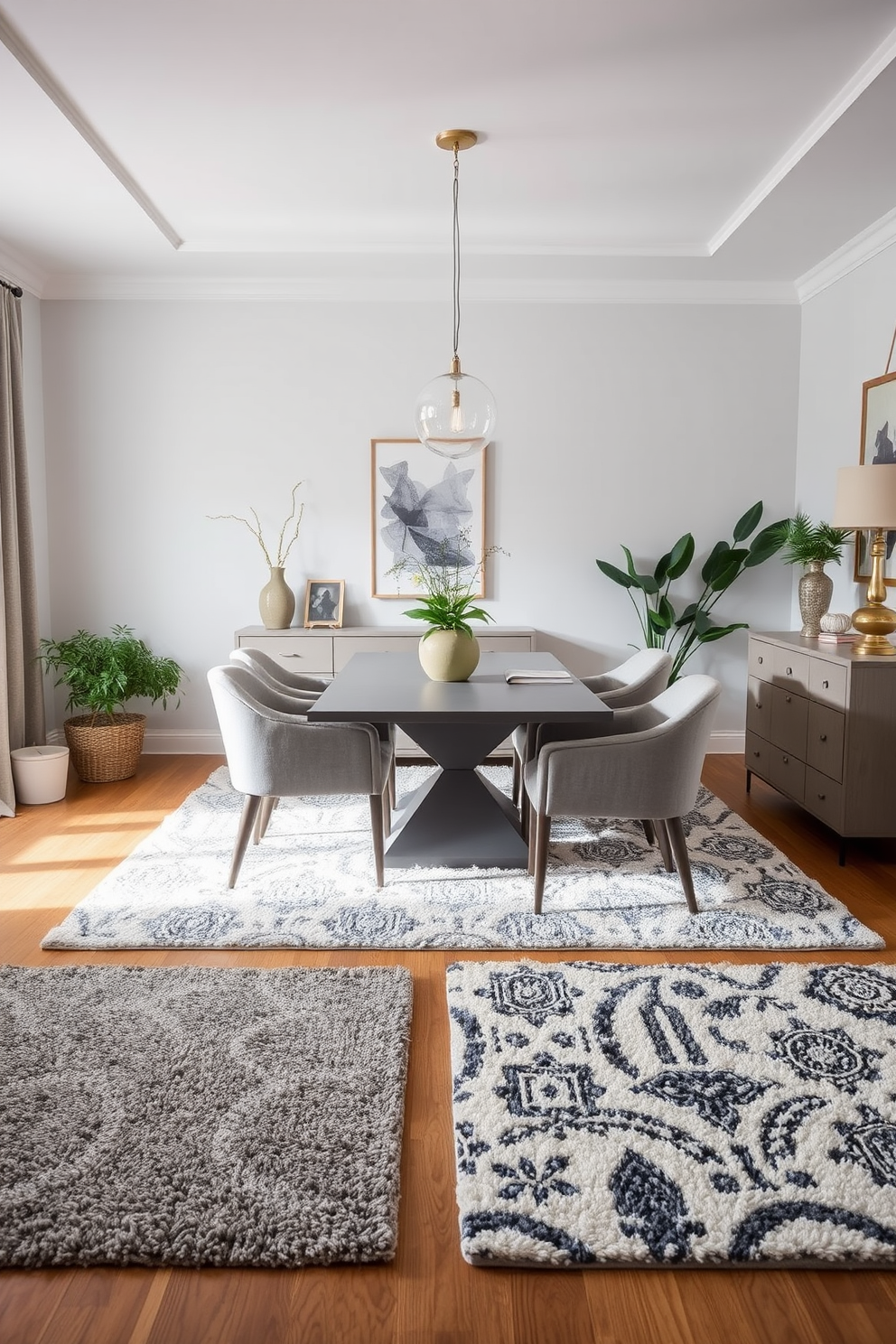 A cozy dining room featuring textured gray rugs that enhance comfort and warmth. The space is adorned with a sleek gray dining table surrounded by plush upholstered chairs in complementary shades. Soft lighting fixtures hang above the table, creating an inviting atmosphere for gatherings. The walls are painted in a light gray hue, and decorative elements like artwork and plants add a touch of personality.