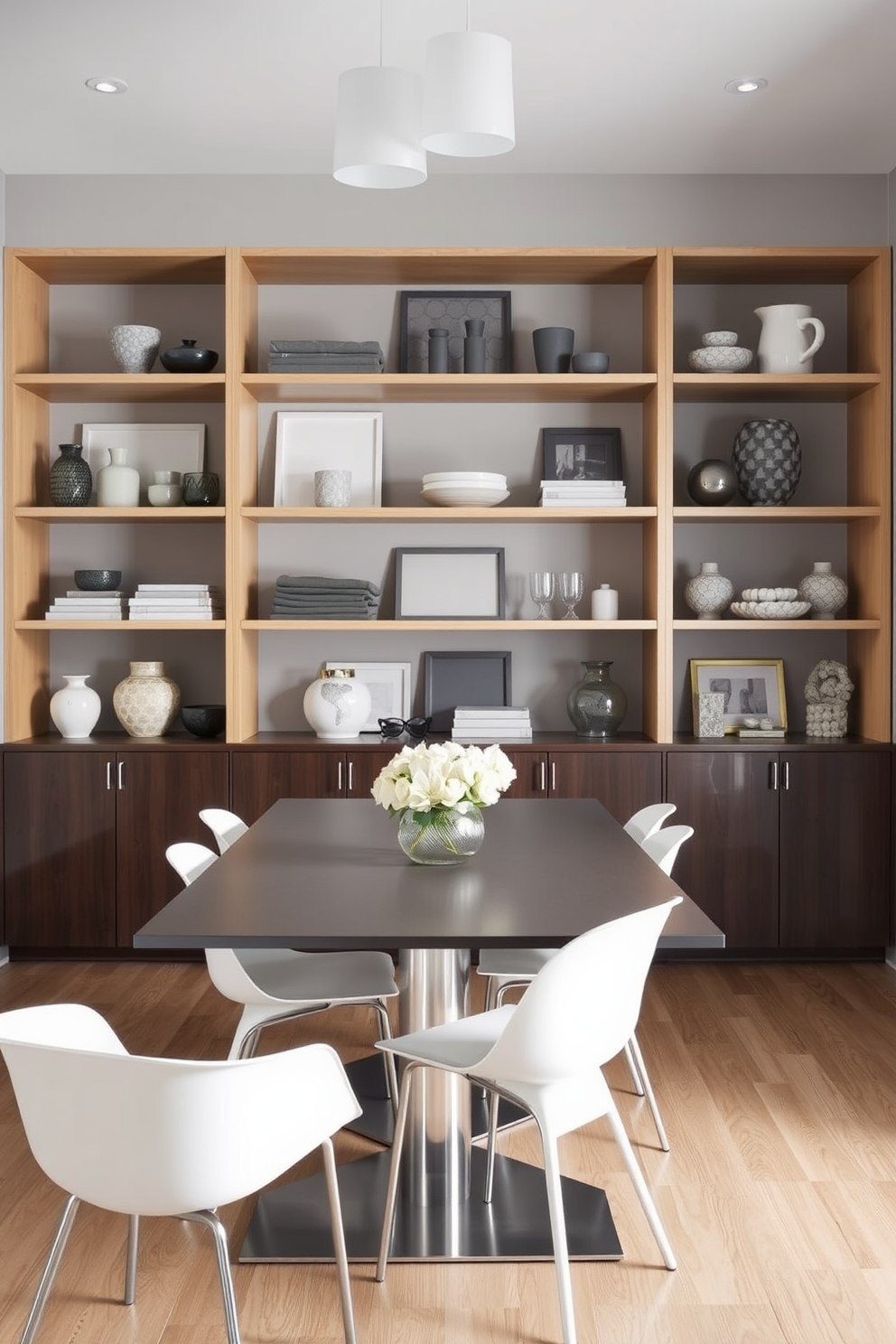 A contemporary dining room featuring open shelving adorned with various gray decor accents. The walls are painted in a soft gray hue, complementing the sleek dining table and modern chairs arranged around it.