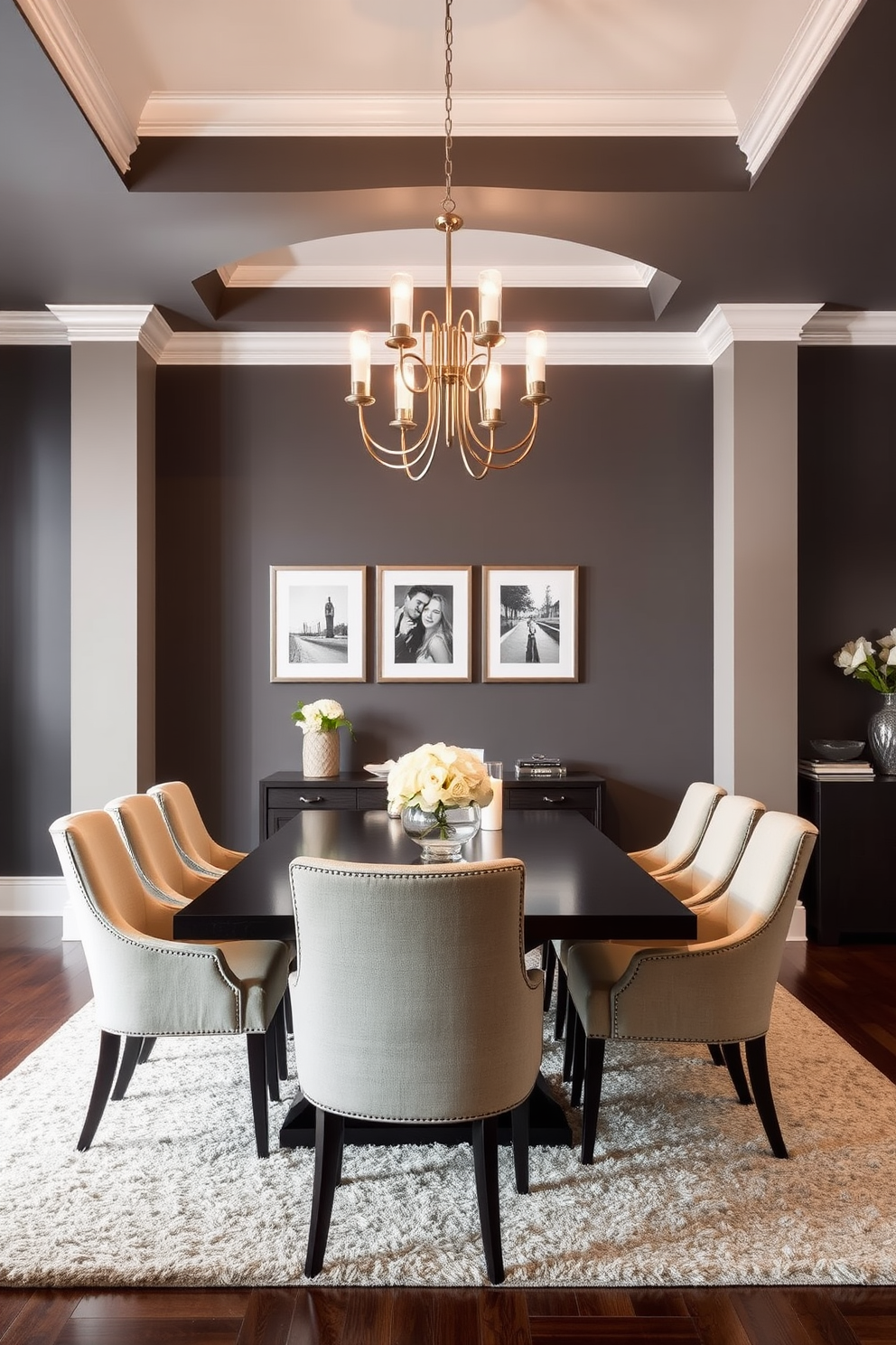 Accent wall painted in dark gray. The dining room features a large rectangular table with elegant upholstered chairs. A modern chandelier hangs above the table, casting a warm glow. The floor is covered with a plush area rug in neutral tones. On the accent wall, there are framed black and white photographs. A sideboard against the wall displays decorative items and a vase of fresh flowers.