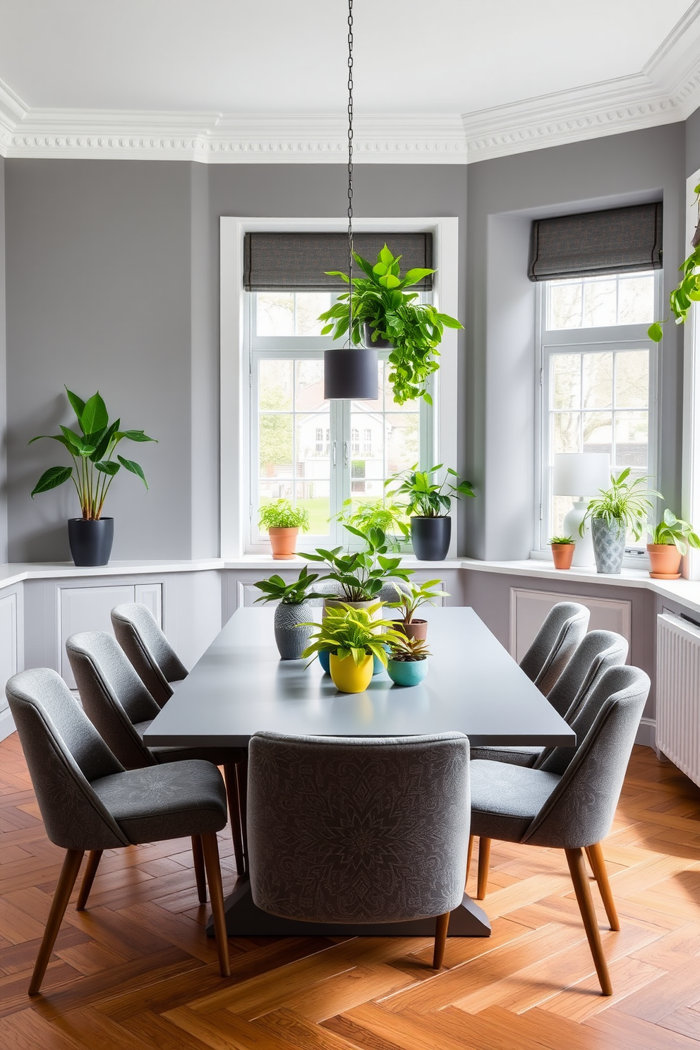 Bright plants to contrast gray tones in a modern dining room. The space features a sleek gray dining table surrounded by upholstered chairs, complemented by vibrant green potted plants on the table and windowsills.