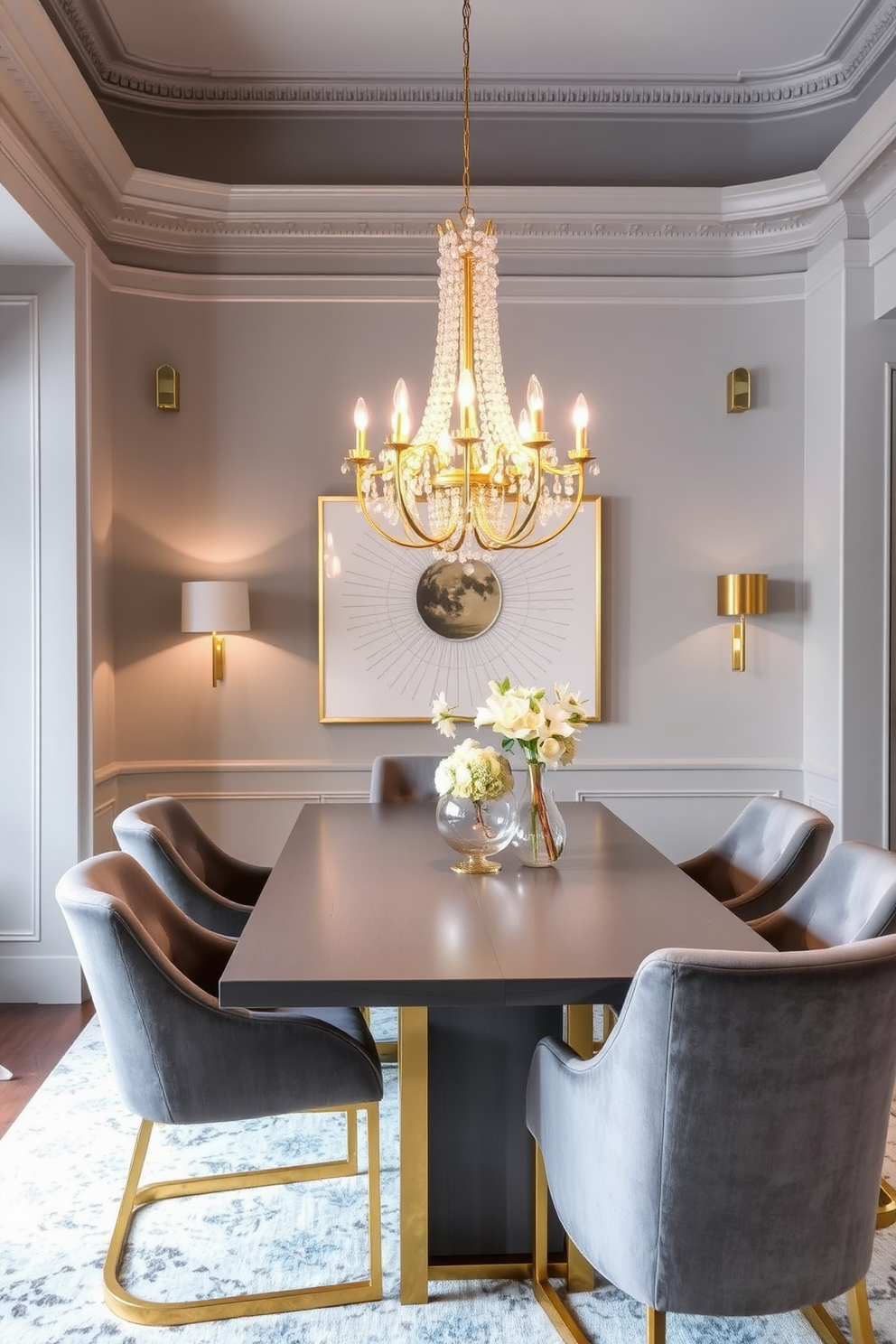 A sophisticated dining room featuring a gray and gold color scheme. The walls are painted in a soft gray, complemented by elegant gold accents in the lighting fixtures and decor. The dining table is a sleek gray wood with gold legs, surrounded by plush gray upholstered chairs. A stunning gold chandelier hangs above the table, casting a warm glow over the space.