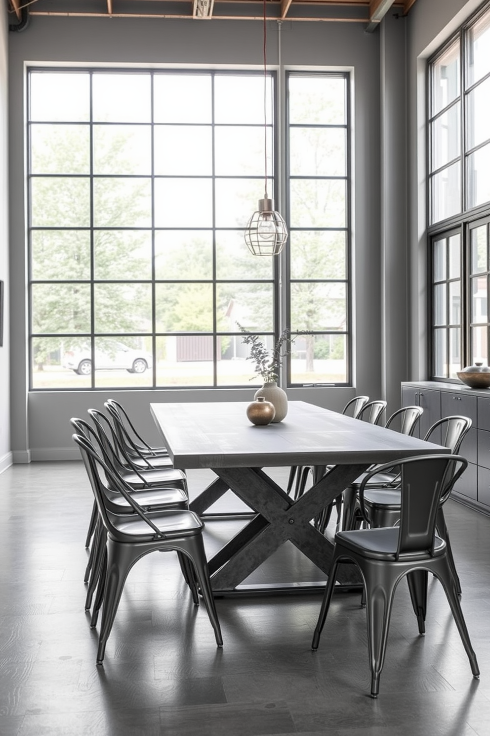 A sleek industrial dining room features gray metal furniture that combines modern aesthetics with functionality. The dining table is rectangular with a raw finish, surrounded by matching metal chairs that provide a minimalist yet stylish look. The walls are painted in a soft gray tone, enhancing the room's contemporary vibe. Large windows allow natural light to flood the space, highlighting the textures of the metal and creating an inviting atmosphere.