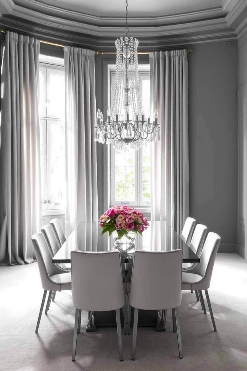 A gray dining room featuring soft gray curtains that gently frame the windows, allowing natural light to filter in. The dining table is a sleek, modern design with elegant chairs that complement the overall color scheme. The walls are painted in a soft gray hue, creating a serene and inviting atmosphere. A statement chandelier hangs above the table, adding a touch of sophistication to the space.