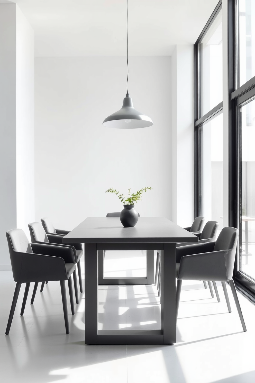 A minimalist dining room features a sleek gray dining set with a simple rectangular table and matching chairs. The walls are painted in a soft white, creating a bright and airy atmosphere while allowing the gray furniture to stand out. Natural light floods the space through large windows, highlighting the clean lines and understated elegance of the design. A single statement pendant light hangs above the table, adding a touch of sophistication to the minimalist aesthetic.