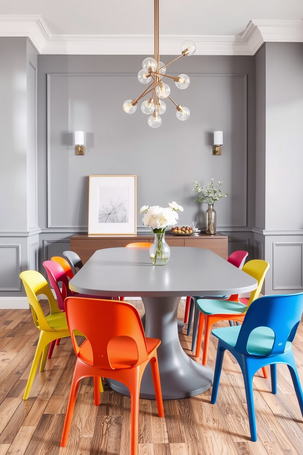 A chic gray table is the centerpiece of the dining room, surrounded by a set of colorful chairs that add a vibrant touch. The walls are painted in a soft gray tone, complemented by elegant lighting fixtures that enhance the modern aesthetic.