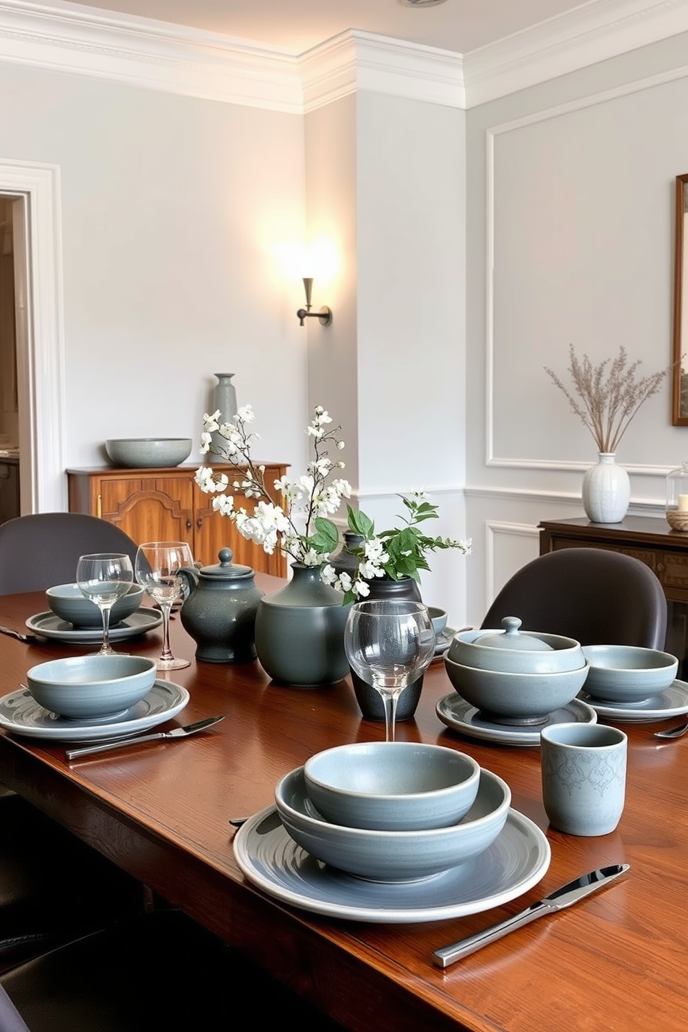 A chic dining room featuring elegant gray ceramic dinnerware arranged on a polished wooden table. The space is adorned with soft ambient lighting, and the walls are painted in a complementary light gray tone to enhance the sophisticated atmosphere.