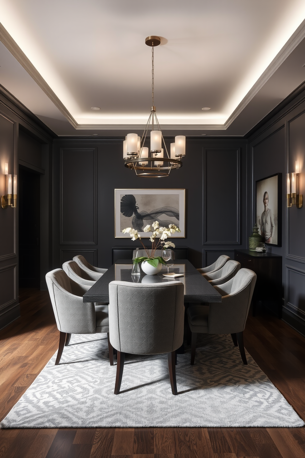 A sophisticated gray dining room featuring layered lighting with elegant gray fixtures. The space includes a large rectangular table surrounded by plush upholstered chairs in varying shades of gray. Soft ambient lighting is provided by a modern chandelier hanging above the table, complemented by wall sconces that create a warm glow. The walls are adorned with tasteful artwork that adds a pop of color, while a stylish area rug anchors the seating arrangement.