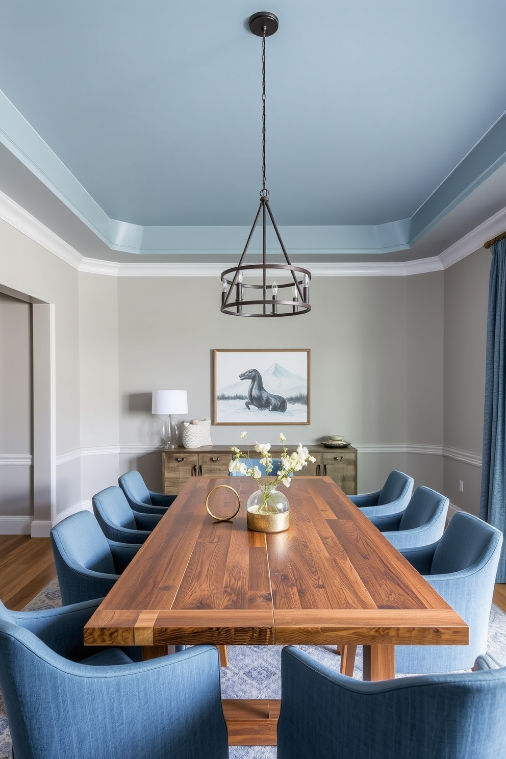 A serene dining room featuring a gray and blue color palette. The walls are painted a soft gray, while the ceiling showcases a subtle blue hue that enhances the tranquil atmosphere. A large rectangular dining table made of reclaimed wood sits at the center, surrounded by upholstered chairs in a coordinating blue fabric. A statement chandelier with a modern design hangs above the table, casting a warm glow over the space.