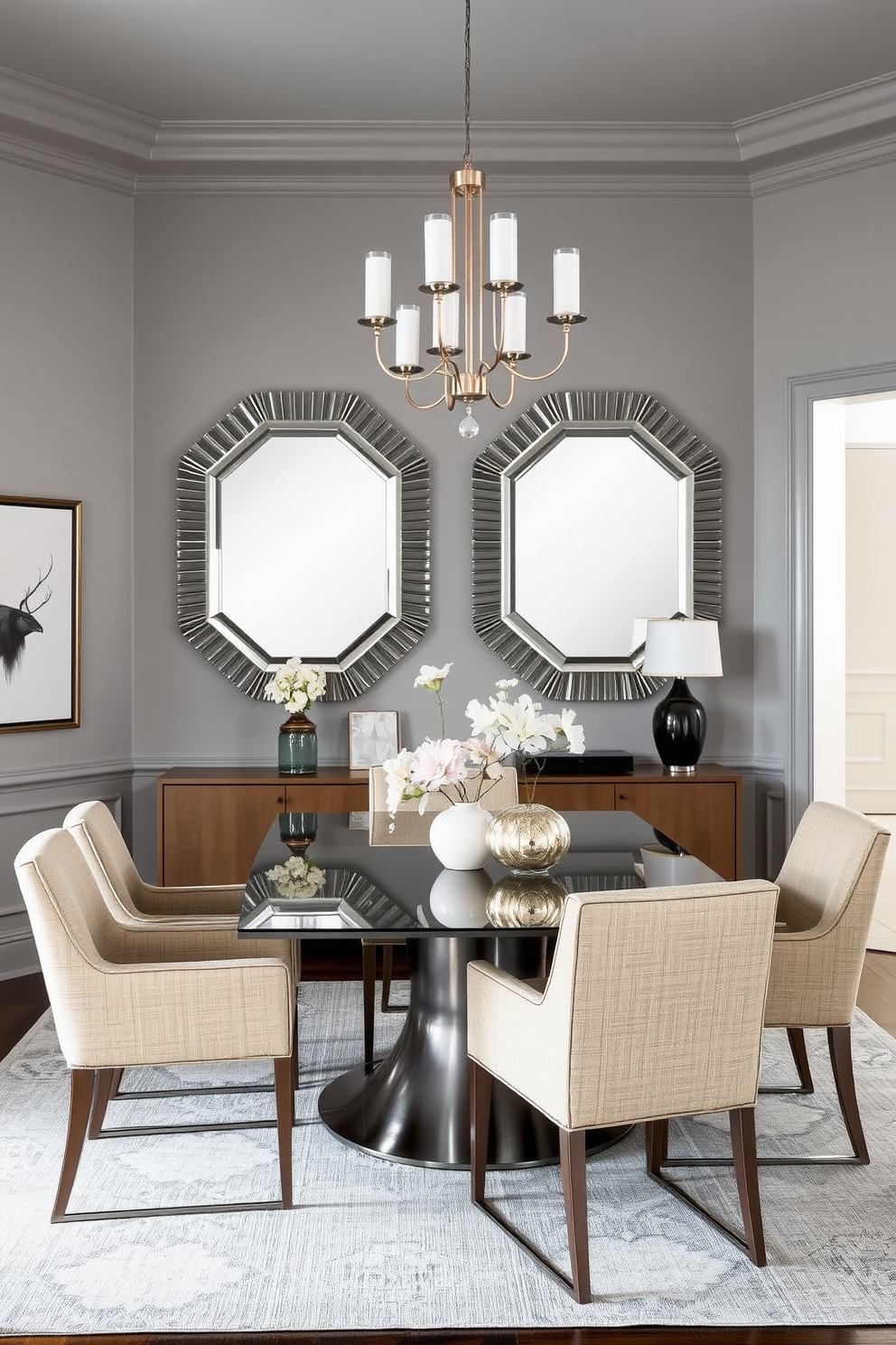 A sophisticated dining room with statement mirrors that enhance the gray space. The walls are painted in a soft gray tone, complemented by a sleek, modern dining table surrounded by upholstered chairs in a contrasting color. Above the table, large decorative mirrors reflect light and create an illusion of depth. The room is accented with minimalist artwork and a stylish chandelier, adding elegance to the overall design.