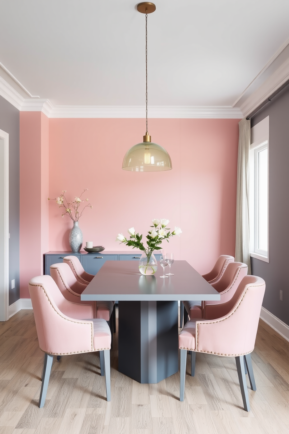 A modern dining room featuring a gray and blush pink color scheme. The walls are painted a soft gray, complemented by a blush pink accent wall that adds warmth to the space. A sleek gray dining table sits in the center, surrounded by blush pink upholstered chairs. Elegant pendant lighting hangs above the table, casting a warm glow over the room.