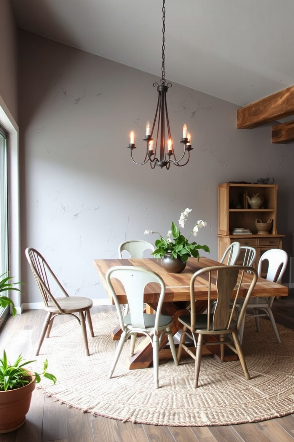 A cozy gray dining area exuding rustic charm features a reclaimed wood dining table surrounded by mismatched vintage chairs. Soft, warm lighting hangs from a wrought iron chandelier, casting a welcoming glow over the space. The walls are adorned with textured gray paint, complemented by rustic wooden beams that add character. A large, woven area rug anchors the table, while potted greenery brings a touch of nature indoors.