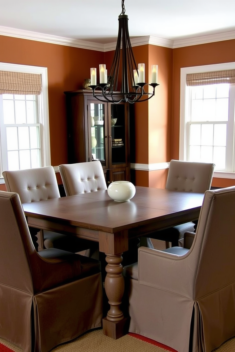 A rustic gray wood dining table serves as the centerpiece of the dining room, surrounded by comfortable upholstered chairs in a soft neutral tone. The walls are adorned with warm earth tones, and a statement light fixture hangs above, casting a warm glow over the space.