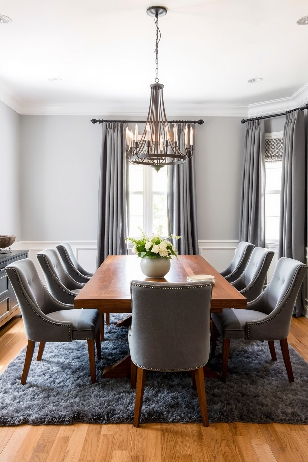 A cozy dining room featuring layered gray textiles that create a warm and inviting atmosphere. The walls are adorned with soft gray paint, complemented by a plush gray area rug under a large wooden dining table. Around the table, upholstered chairs in varying shades of gray provide comfort and style. A statement chandelier hangs above, casting a soft glow over the space, while decorative gray curtains frame the windows, adding depth to the design.