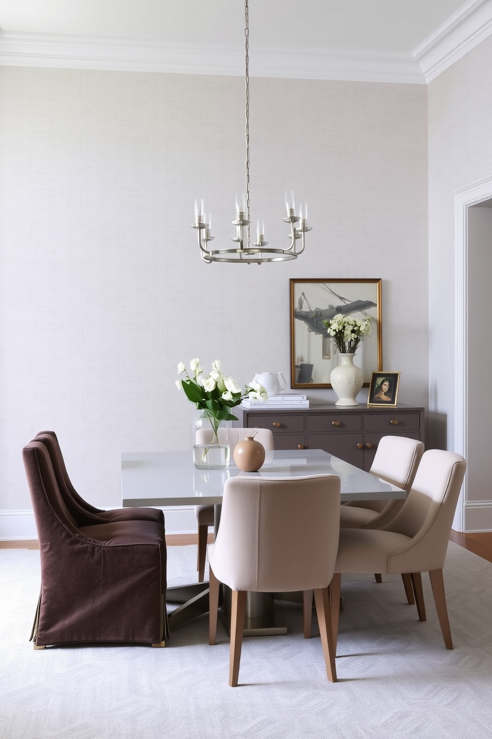 A light gray dining room features wallpaper with subtle patterns that add depth and texture to the space. The room is furnished with a sleek, modern dining table surrounded by comfortable upholstered chairs in complementary tones.