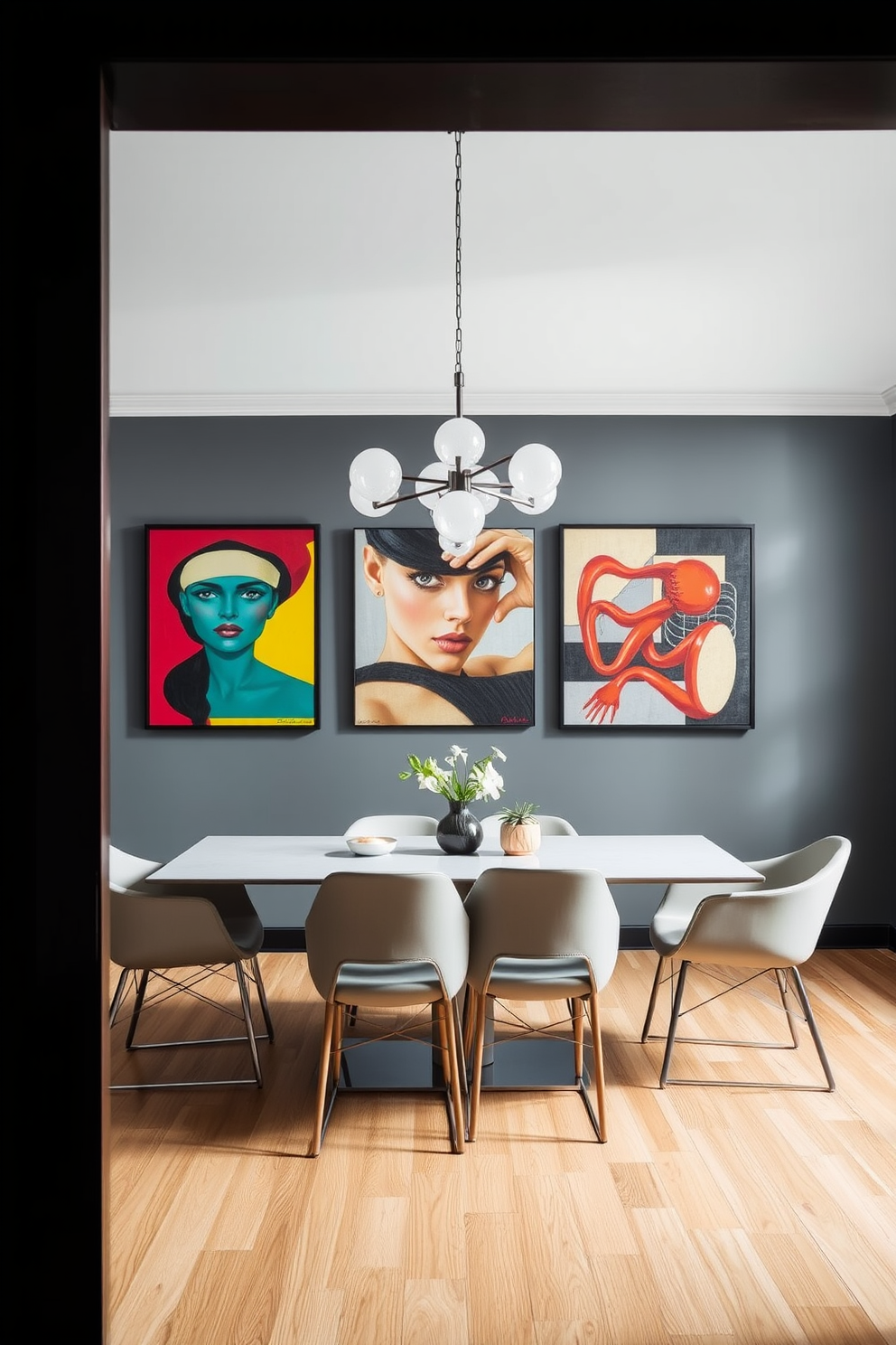 A chic dining room featuring a sleek gray backdrop that enhances bold artwork displayed on the walls. The room is furnished with a modern dining table surrounded by stylish chairs, creating an inviting atmosphere for gatherings.