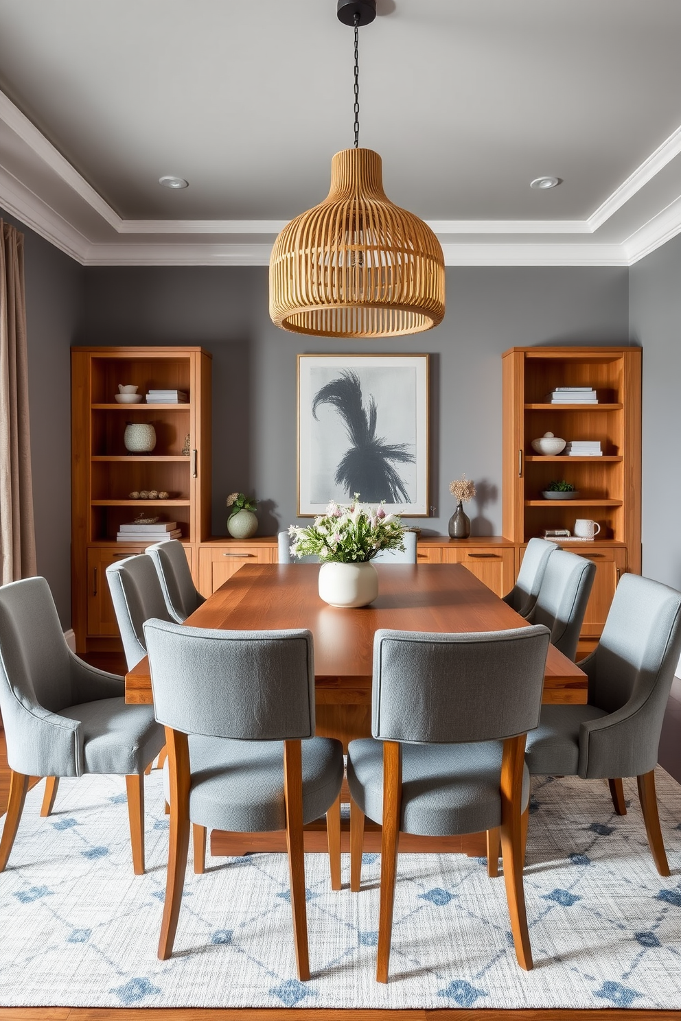 A chic dining room featuring a gray color palette complemented by warm wood accents. The centerpiece is a large wooden dining table surrounded by upholstered gray chairs, creating a cozy yet elegant atmosphere. The walls are painted in a soft gray tone, while warm wood shelving displays curated decor. A statement light fixture in a natural wood finish hangs above the table, adding warmth and sophistication to the space.