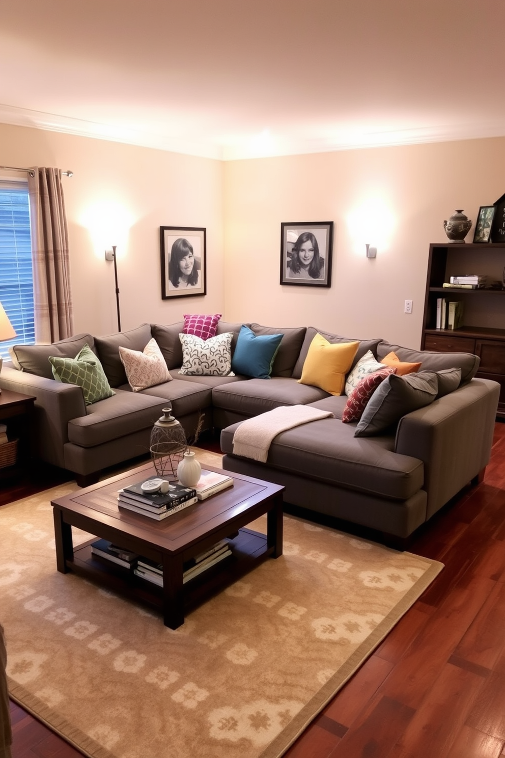 A cozy gray sectional sofa is positioned in the center of a spacious family room, surrounded by warm ambient lighting. Colorful cushions in various patterns and textures add a playful touch, inviting relaxation and comfort. The walls are painted in a soft cream hue, complementing the gray of the sectional. A large area rug with a subtle geometric design anchors the seating area, while a wooden coffee table sits in front, adorned with books and decorative accessories.