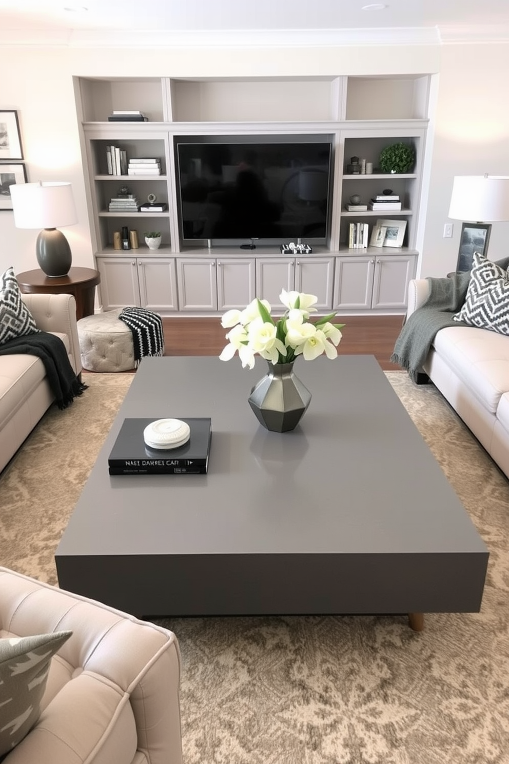 A contemporary gray coffee table serves as a striking centerpiece in the family room, surrounded by plush seating in complementary tones. The room features a cozy atmosphere with soft lighting, accent pillows, and a stylish area rug that ties the design together.