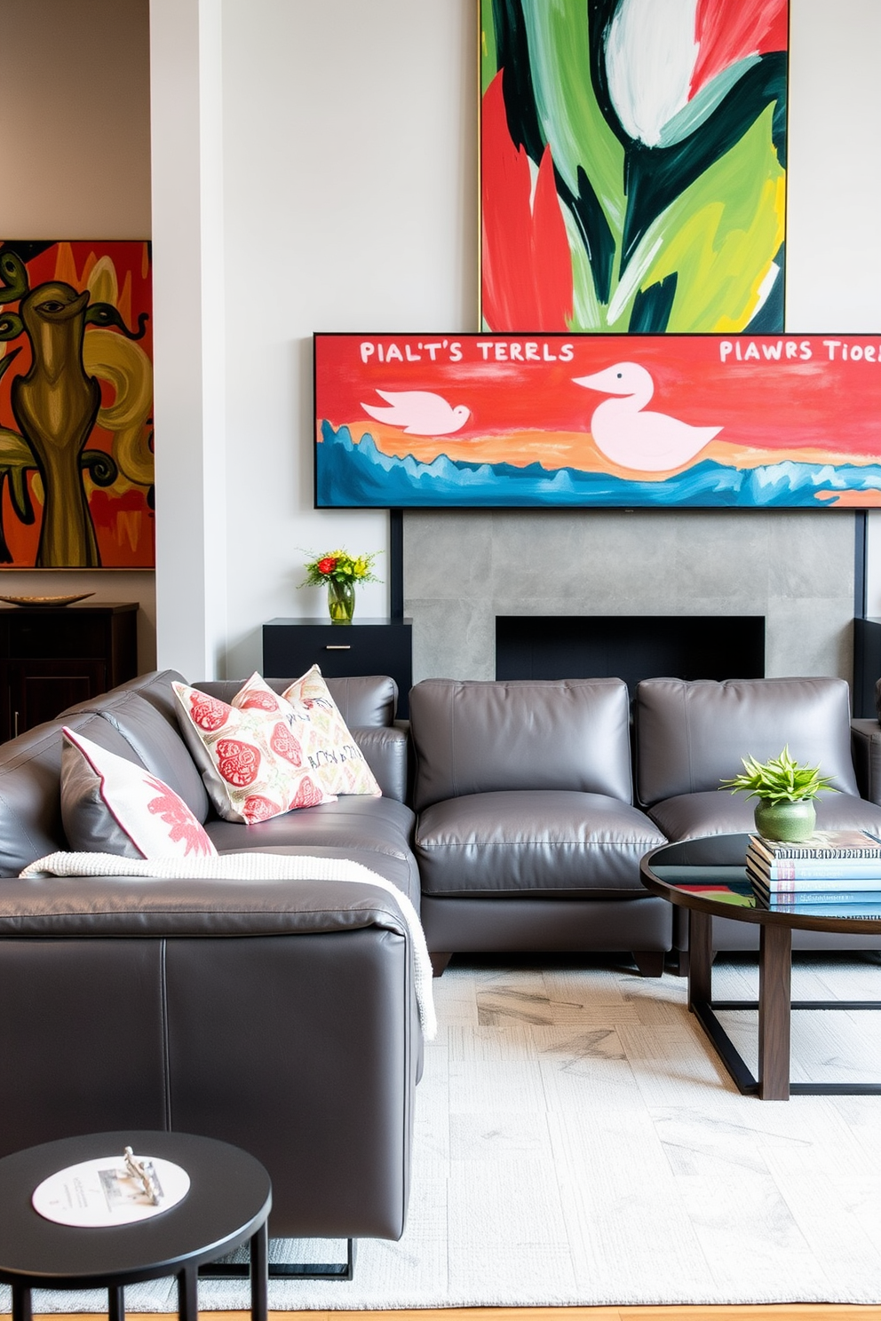 A stylish family room featuring a gray leather sofa that exudes modern elegance. The walls are adorned with vibrant artwork that adds a pop of color and personality to the space.