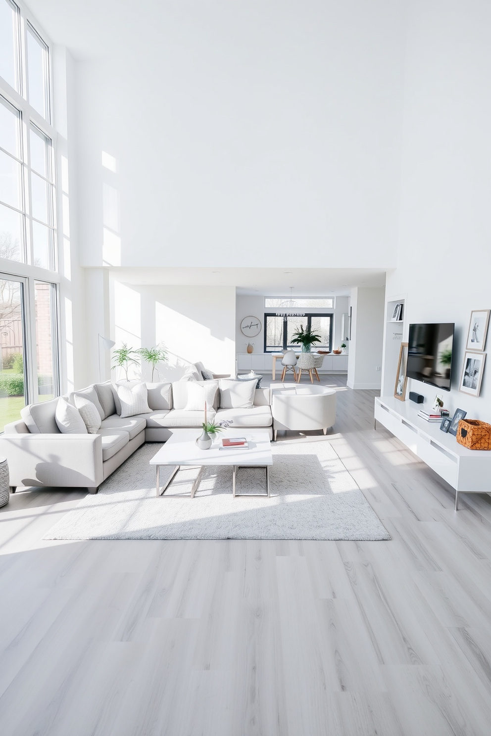 Open layout with a gray and white palette. The family room features a large sectional sofa in light gray, complemented by white accent pillows and a sleek coffee table. Natural light floods the space through oversized windows, highlighting the soft gray area rug beneath the seating area. A minimalist entertainment unit in white is positioned against the wall, adorned with decorative objects and family photos.