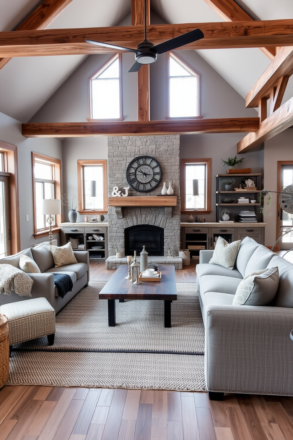 A cozy gray family room featuring rustic wooden beams that add warmth and character to the space. The room is adorned with a large sectional sofa in soft gray fabric, complemented by a textured area rug and a reclaimed wood coffee table. Natural light floods in through large windows, highlighting the earthy tones of the decor. A stone fireplace serves as the focal point, surrounded by comfortable seating and decorative accents that enhance the rustic charm.