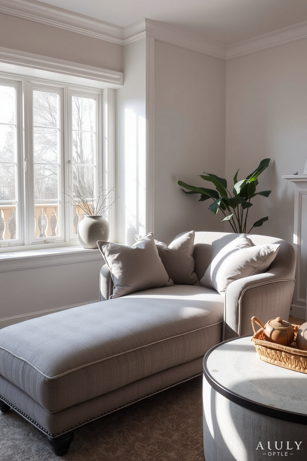 Elegant gray chaise lounge for relaxation. The room features soft lighting and a cozy atmosphere, with plush throw pillows accenting the chaise. A large window allows natural light to fill the space, highlighting the subtle textures of the gray upholstery. The walls are painted in a complementary light shade, enhancing the overall elegance of the family room design.