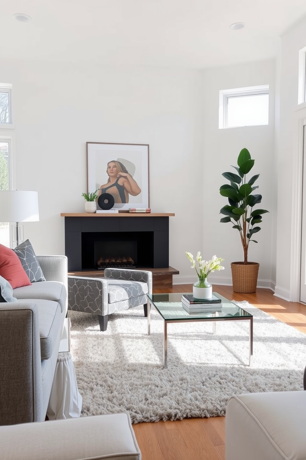 A bold gray accent chair with a geometric design is the focal point of this modern family room. The walls are painted in a soft white, creating a bright and airy atmosphere that complements the chair's striking pattern. A plush area rug in neutral tones anchors the seating area, while a sleek coffee table with a glass top sits in front of the chair. Large windows allow natural light to flood the space, highlighting the contemporary decor and inviting comfort.