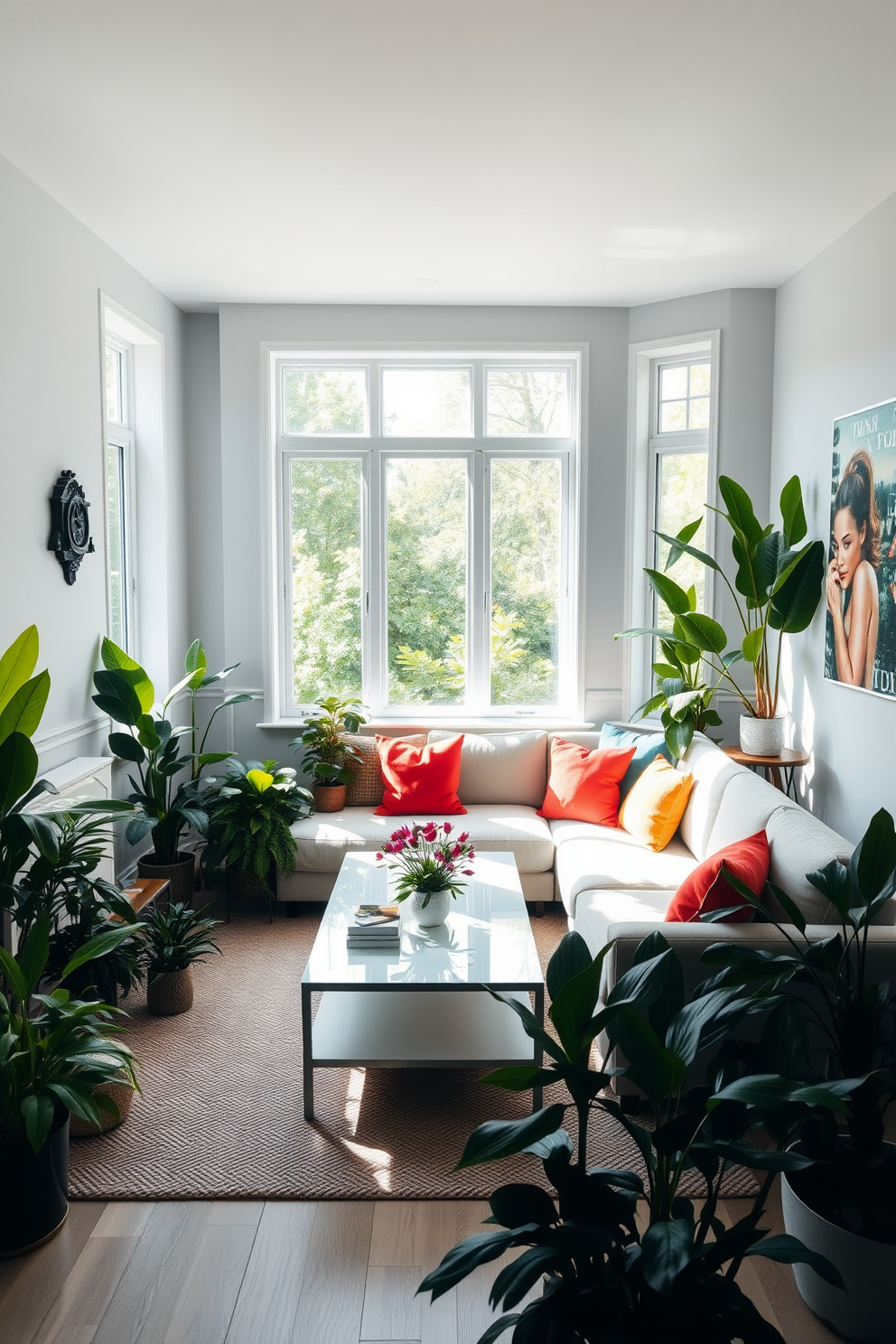 Bright gray space filled with natural light. The room features a cozy sectional sofa and a sleek coffee table, complemented by an array of indoor plants in various sizes. Soft gray walls create a calming atmosphere, while large windows showcase the greenery outside. Decorative pillows in vibrant colors add a pop of contrast to the neutral palette.